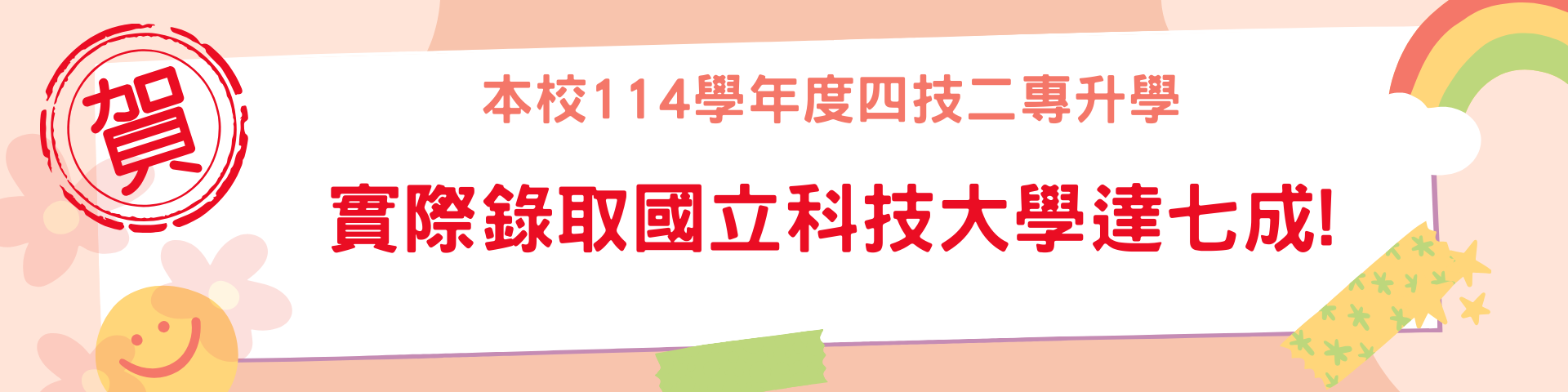 114學年統測創佳績海報2。實際錄取國立科技大學達七成!