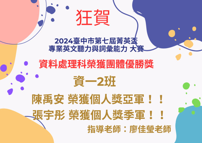 2024台中市菁英盃個人獎和團體優勝獎