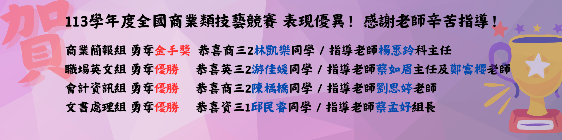 連結到113學年度全國商業類技藝競賽表現優異