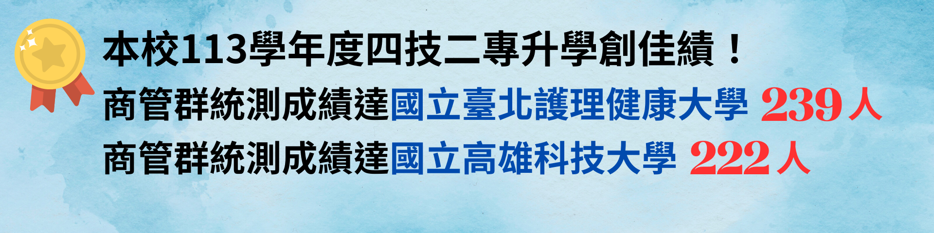 連結到商管群統測成績達國立臺北護理健康大學 239人、商管群統測成績達國立高雄科技大學 222人